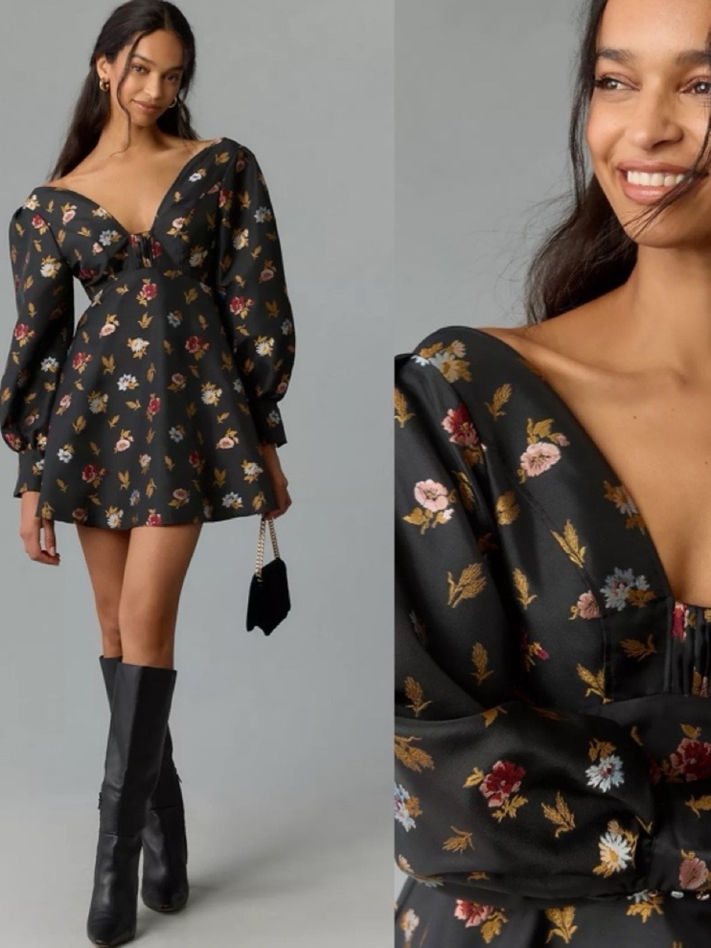 Anthropologie Maeve Sculpted V Neck Aline Mini Black Floral Dress Sz 8 Romantic